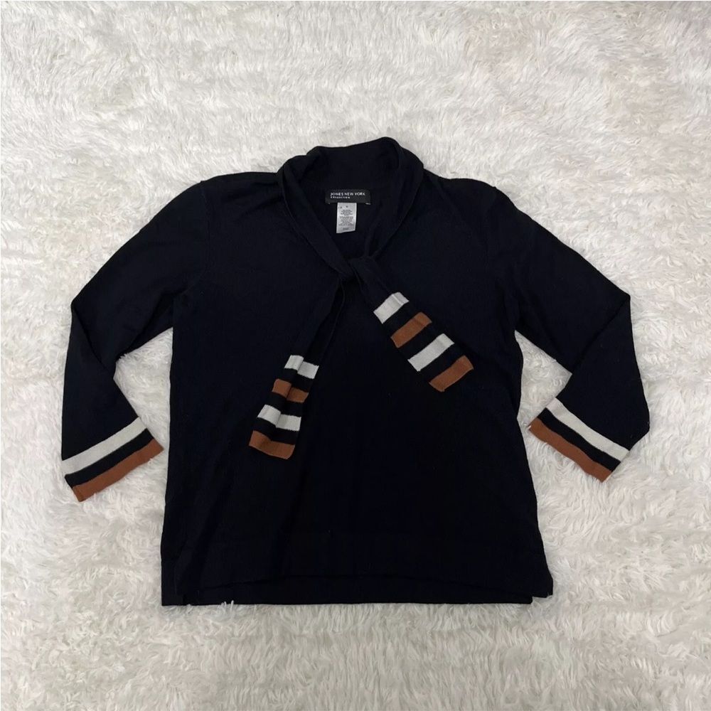 JONES NEW YORK COLLECTION Tie Neck Sweater 3/4 Sleeve Women M Black Knit Retro